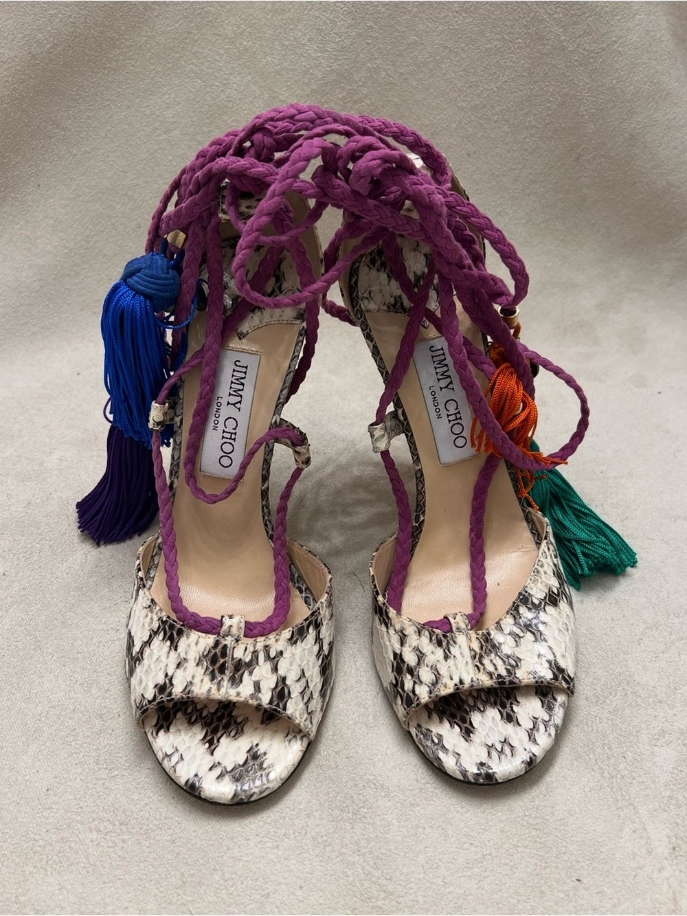Jimmy Choo Purple Lace-Up Snakeskin Tassel Heels